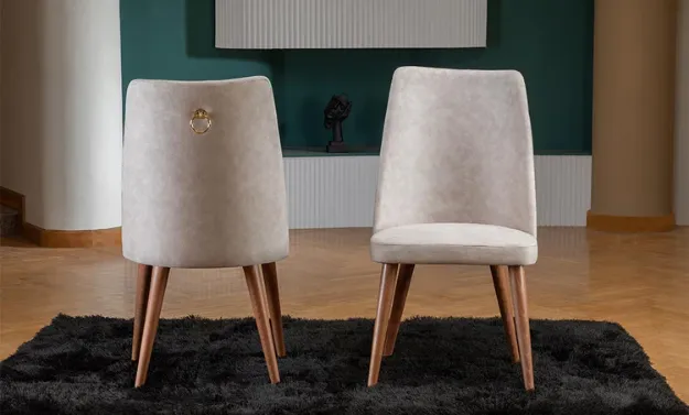 Picture of Modern Upholstered Dining Chair – Beige Velvet with Walnut Wooden Legs